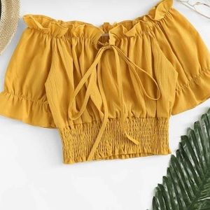 Crop yellow scrunch off shoulder tie shirt